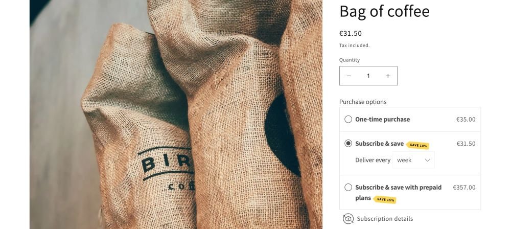 A product page for coffee beans featuring one-time purchase and two different subscription options with discounts