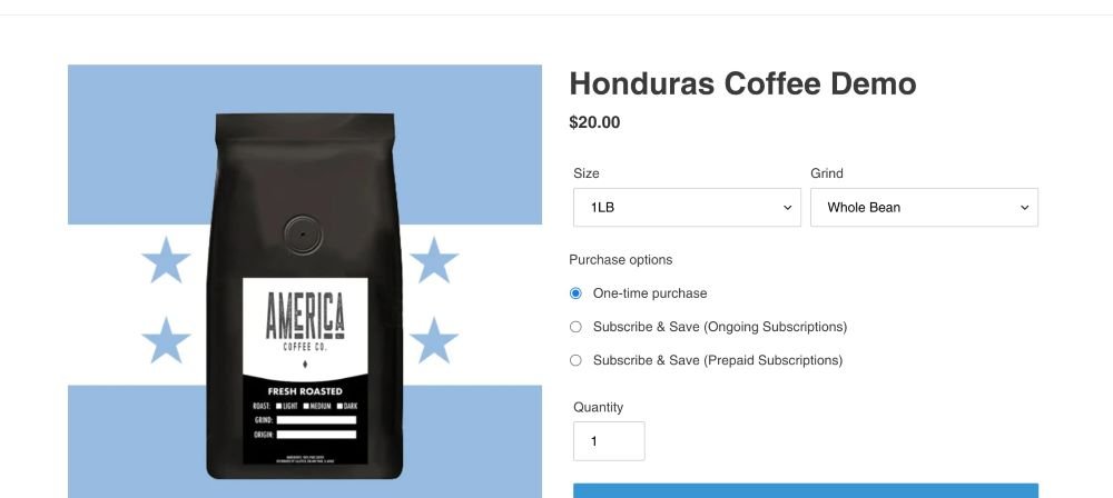 Honduras Coffee demo product page from PayWhirl featuring their subscription widget