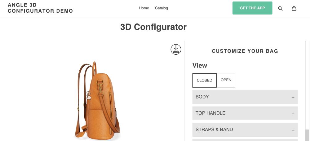 Light brown handbag product page with multiple dropdown customization menus and 3D preview