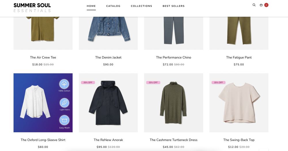 Clothing collection page with product feature badges and sales labels from ModeMagic Shopify app