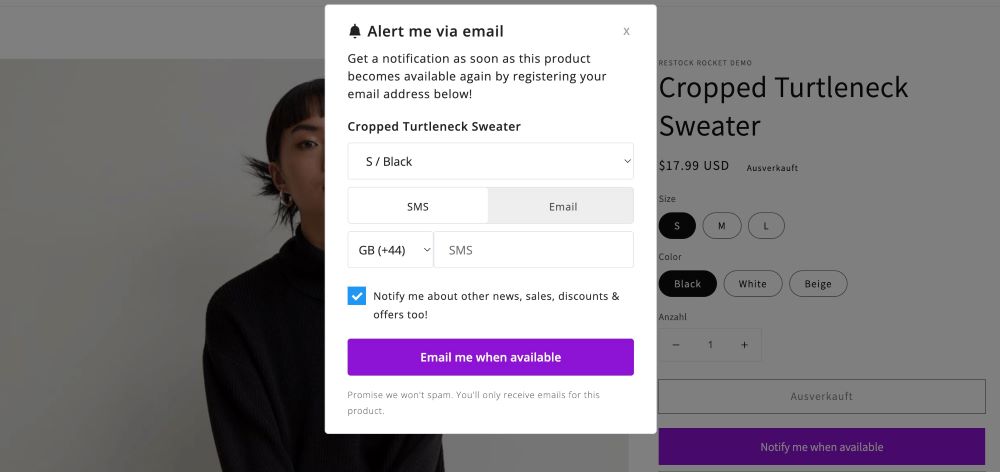 Back in Stock + Restock Alerts by Restock Rocket allows the customer to enable back in stock Email/SMS notifications and also enable store-related notifications