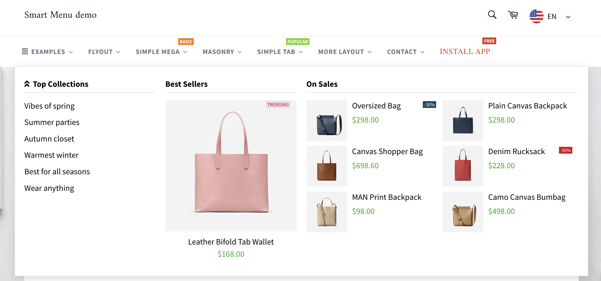 qikify Smart Menu ‑ Mega Men simple mega menu example on demo store