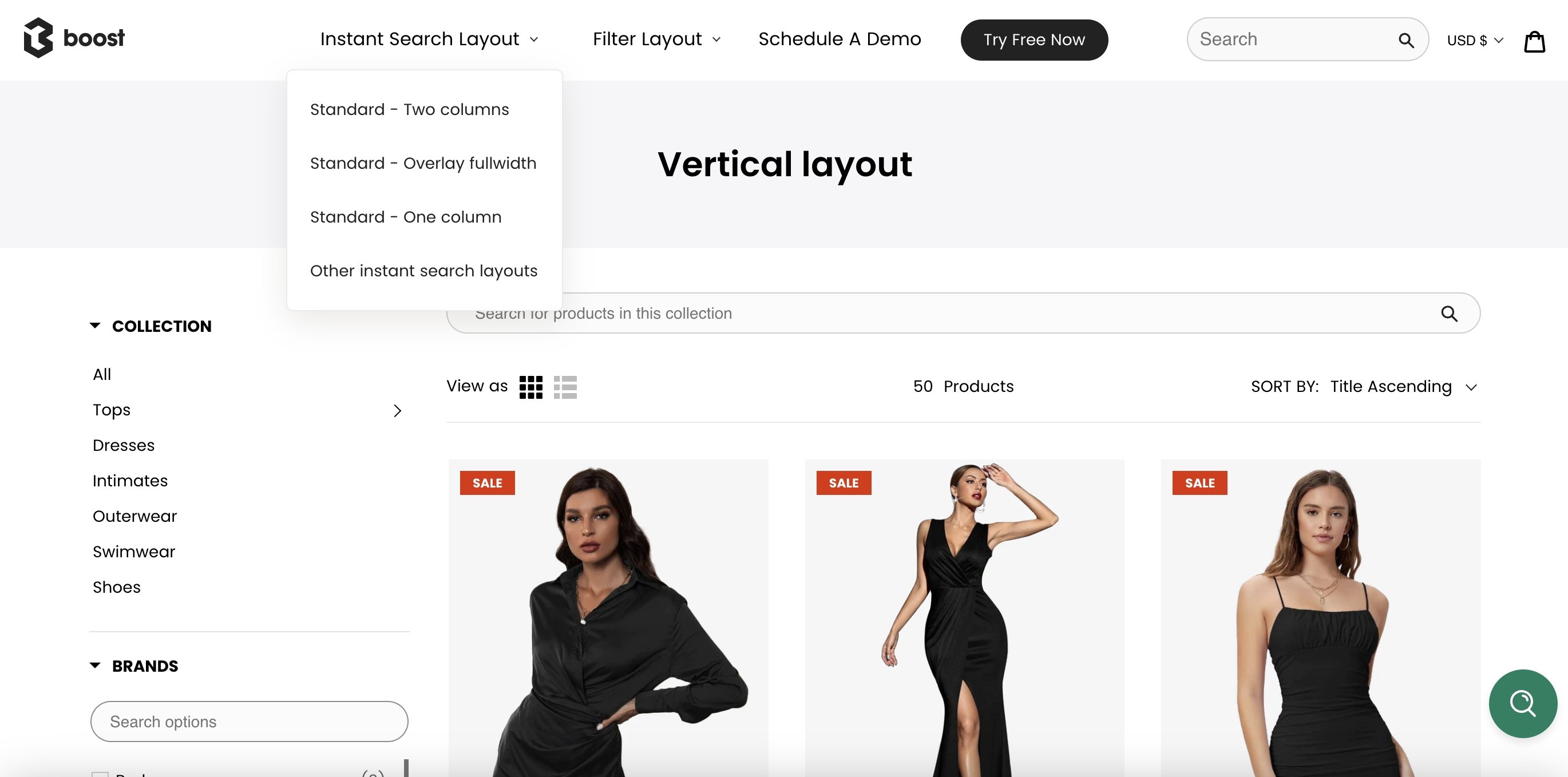 Boost Commerce filter types and flyout menu example on demo store