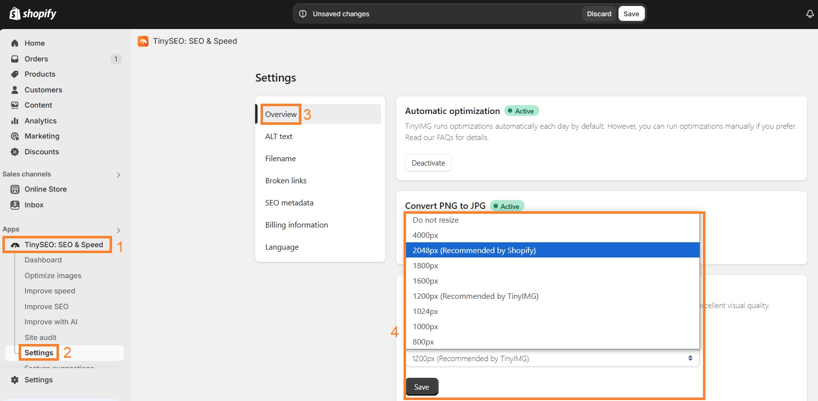 Resize images with TinySEO