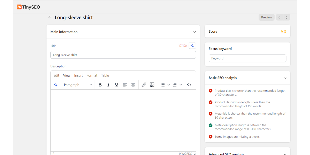 TinySEO page SEO audit