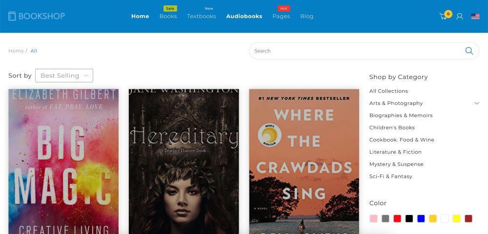 Music store website category page using Bookshop Shopify theme