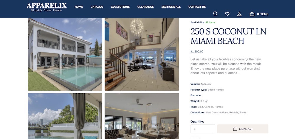 apparelix shopify real estate theme house listing page