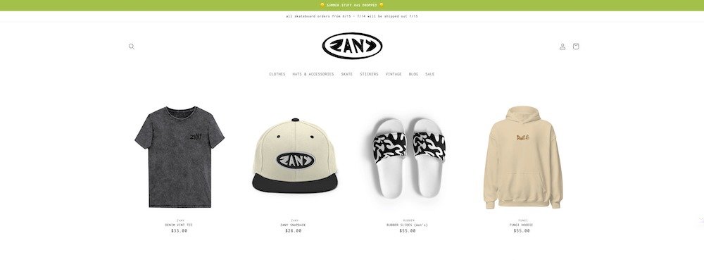 the zany store using responsive shopify theme for their minimal clothing brand