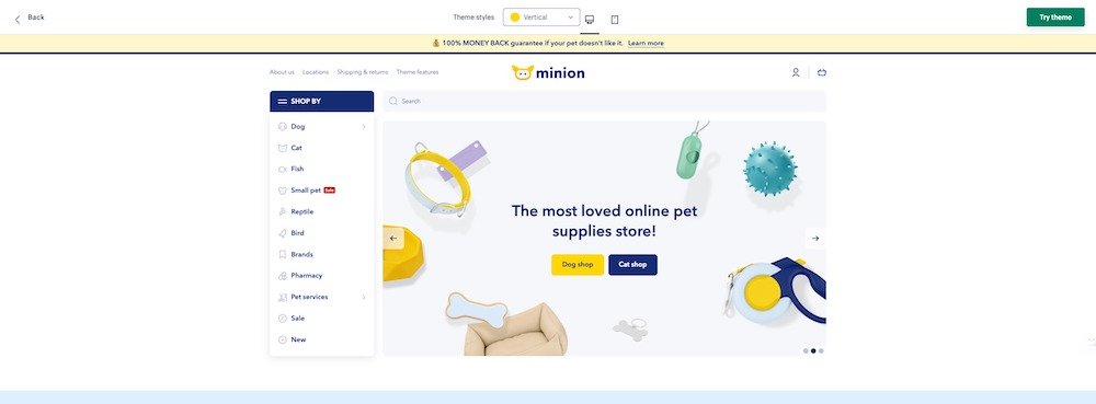 minion shopify theme for pet stores vertical navigation demo