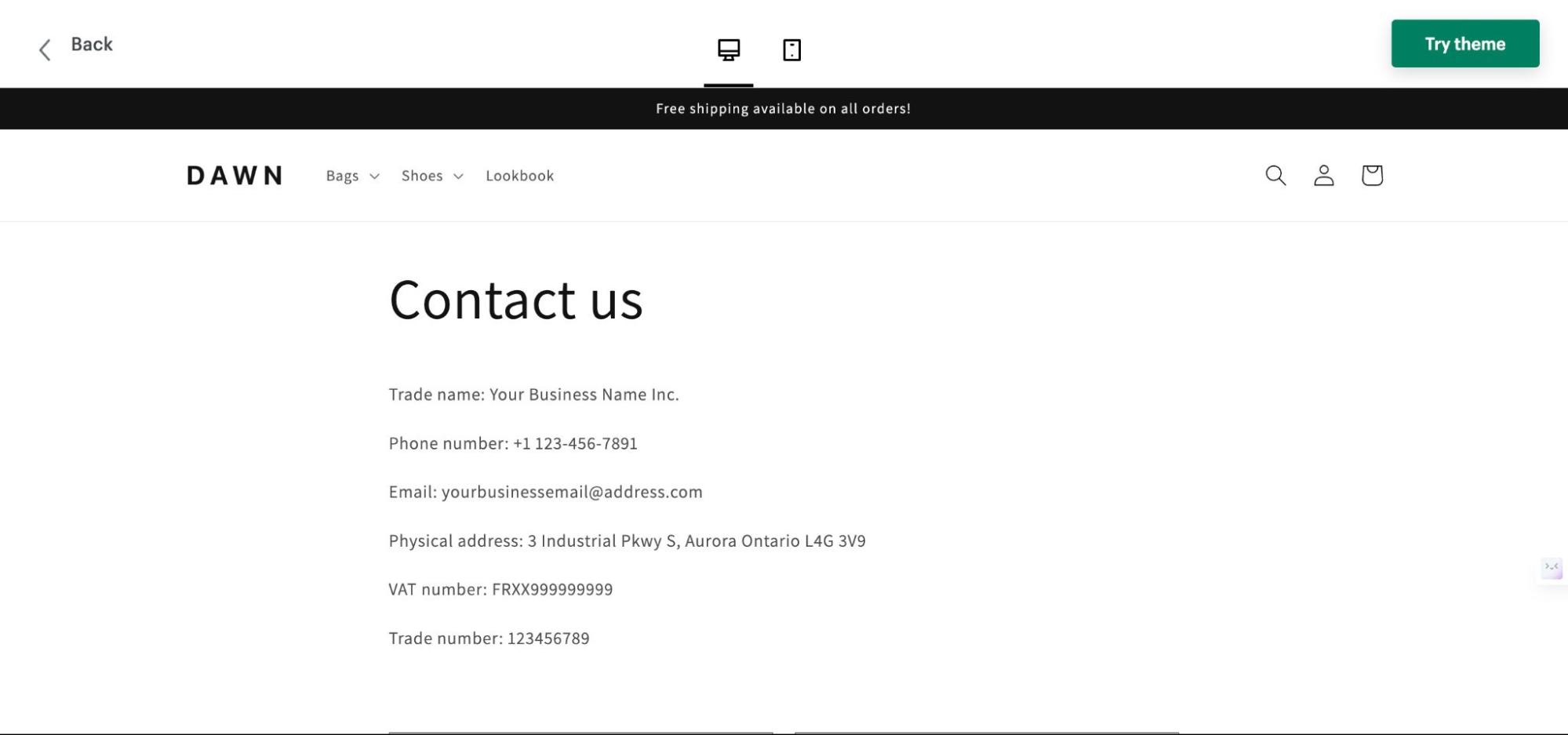 Dawn Shopify theme's Contact Us page