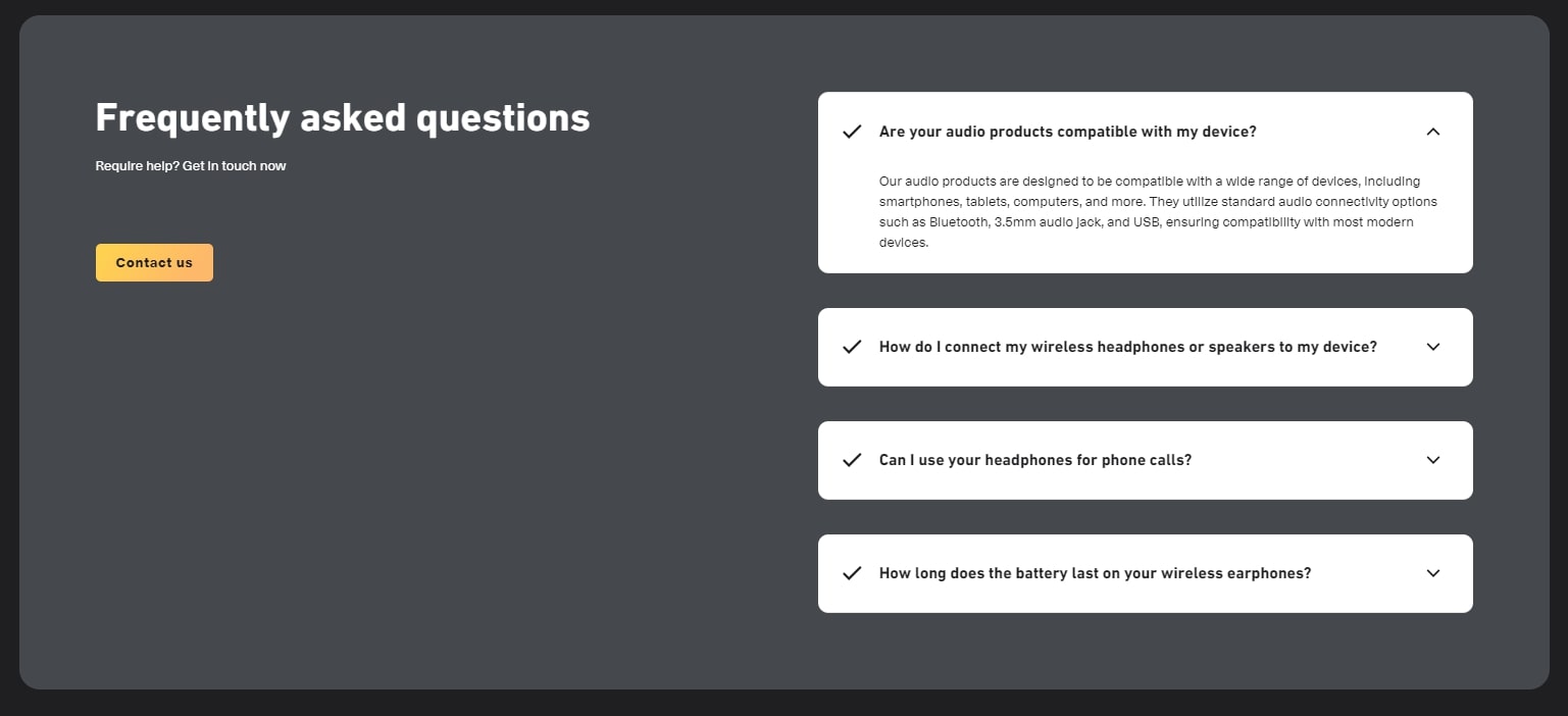 Electro theme FAQ page example