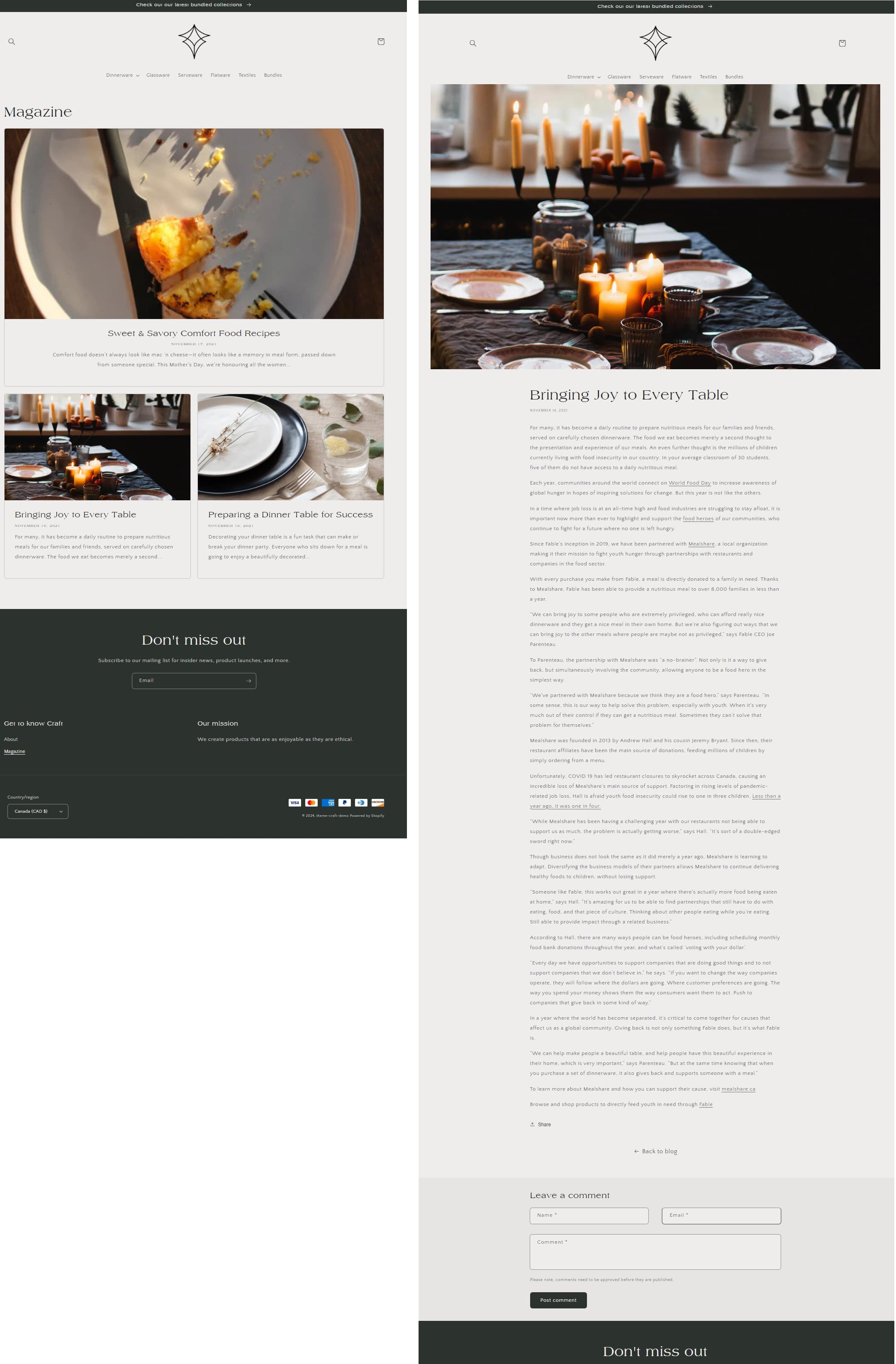 Craft free Shopify theme blog landing page and blog post example