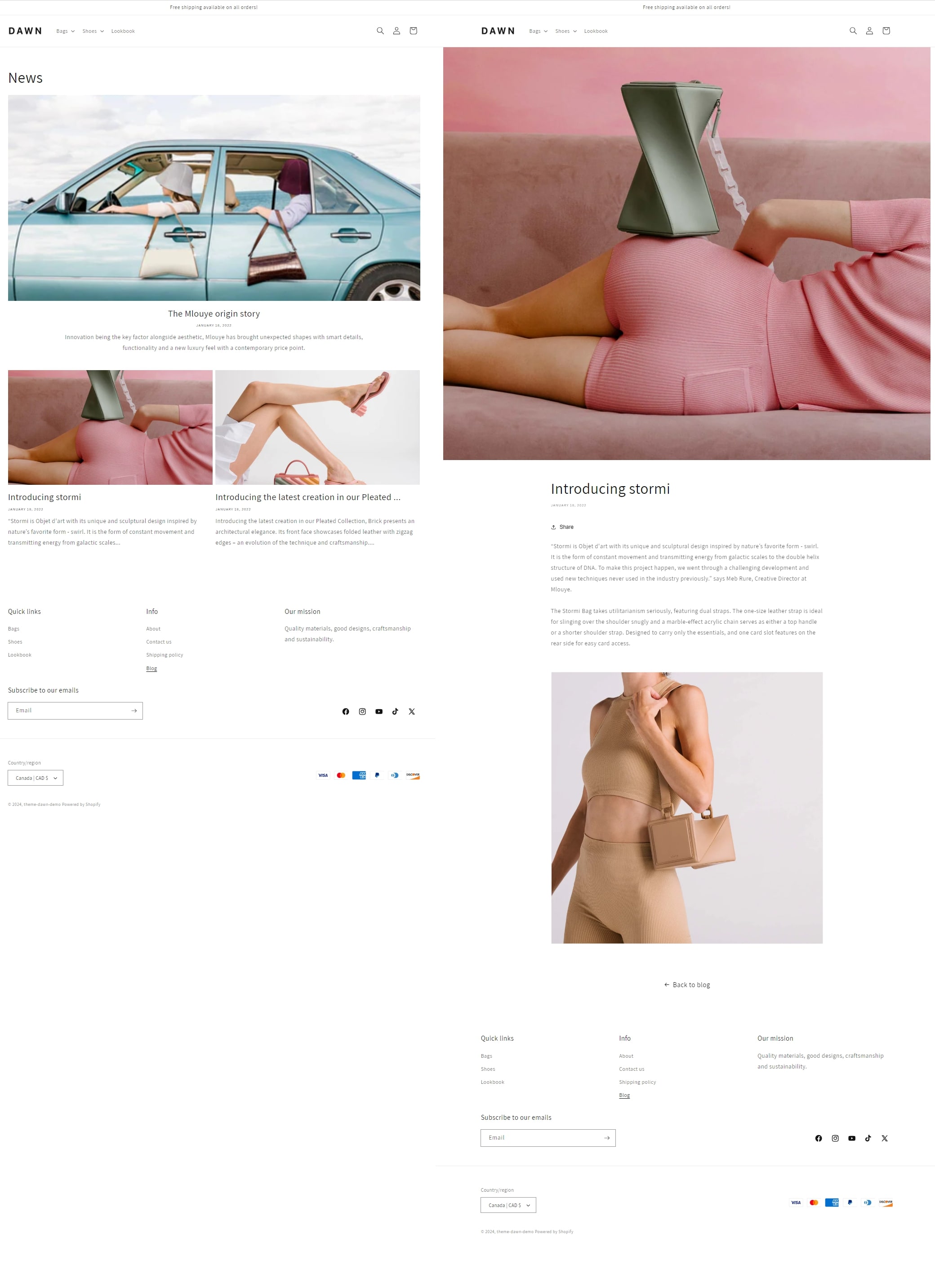 Dawn free Shopify theme blog landing page and blog post example