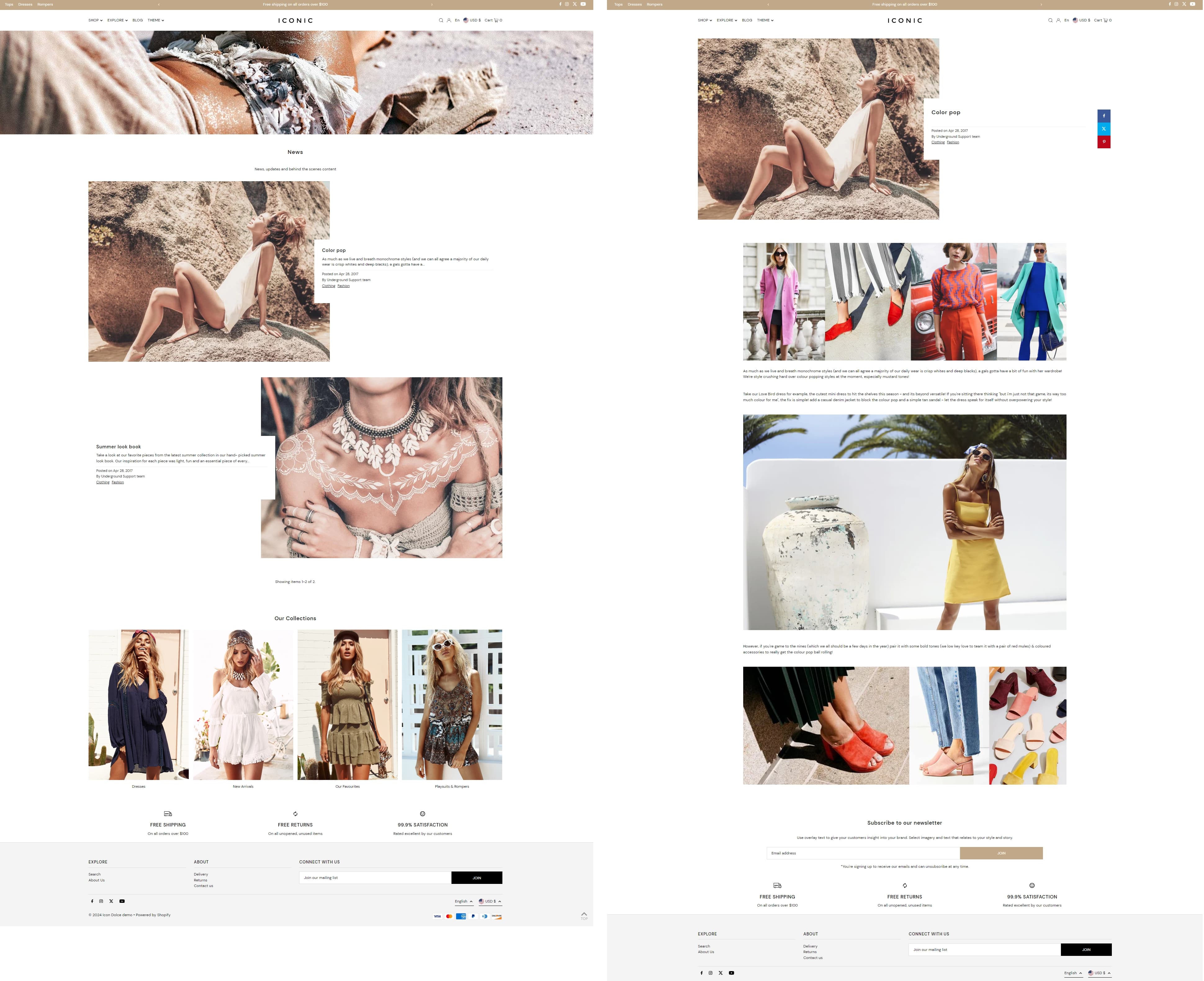 Icon Shopify theme blog landing page and blog post example