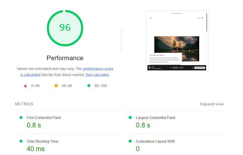Dawn theme Google Lighthouse results