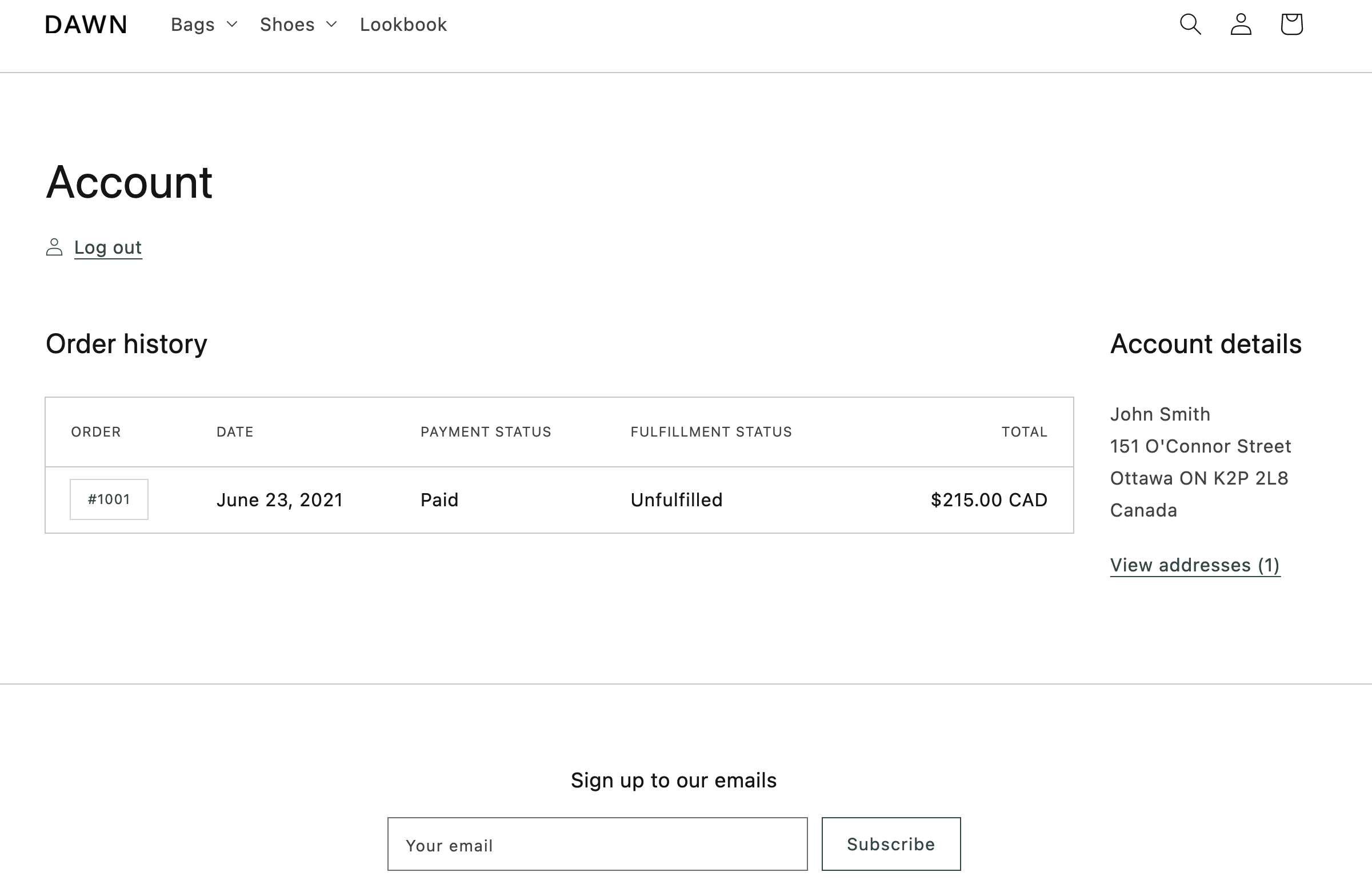 customer account page example on shopify dawn theme