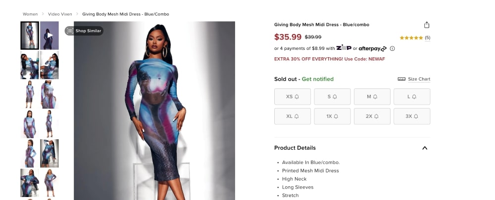 Fashion Nova product page in Proxima Nova Shopify store font