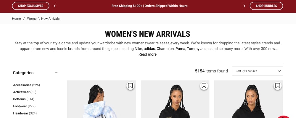 Roboto Shopify font on Culture Kings Women's New Arrivals collection page