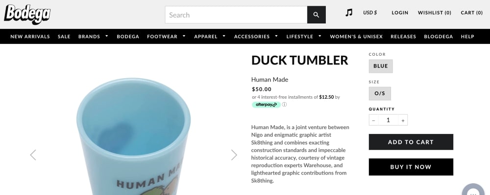 Bodega Shopify store using Lato font for their Duck Tumbler product page