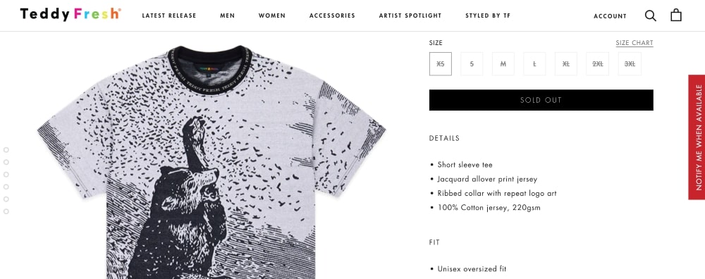 Teddy Fresh clothing store using Futura font on their product page