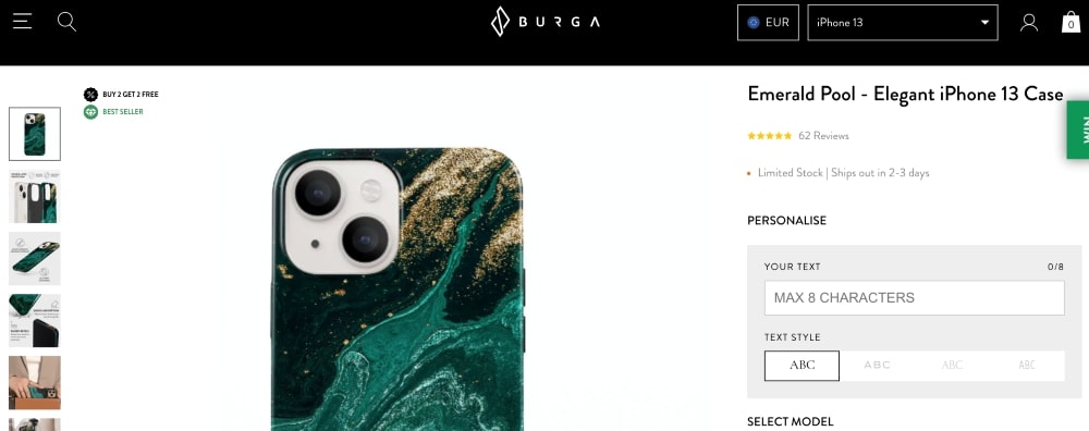 Burga using characteristic Brnadon Grotesque for the product page of their Emerald Pool iPhone 13 phone case