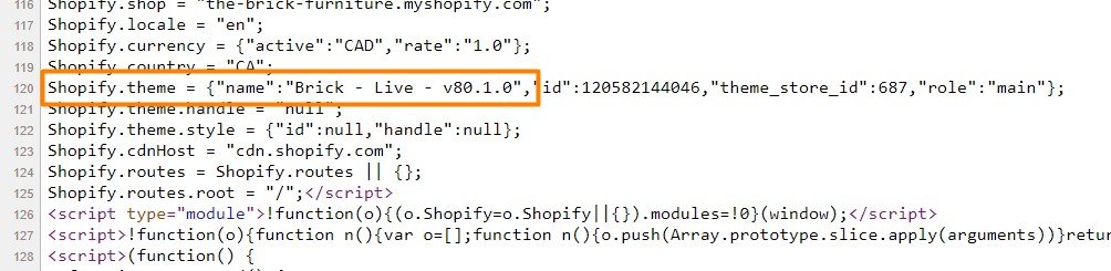 line with the shopify theme name in the store's source code