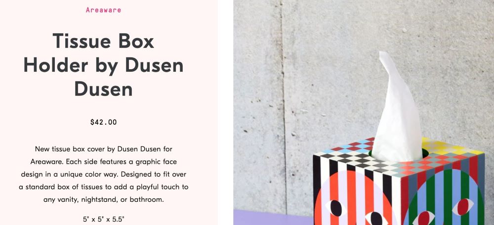 Comingsoonnewyork product page for a tissue box holder with image and product description paragraph