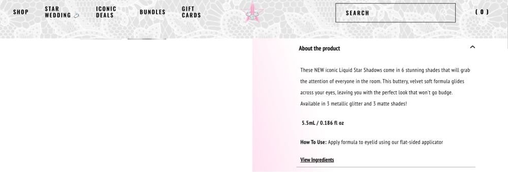 Jeffree Star Cosmetics lipstick product page featuring benefits of the lipstick