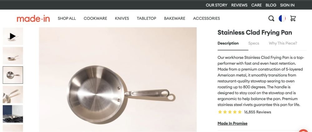 Made In product page for a stainless steel pan emphasizing product characteristics in a paragraph