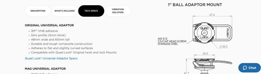 Quad Lock tech specifications bullet point section of product description page