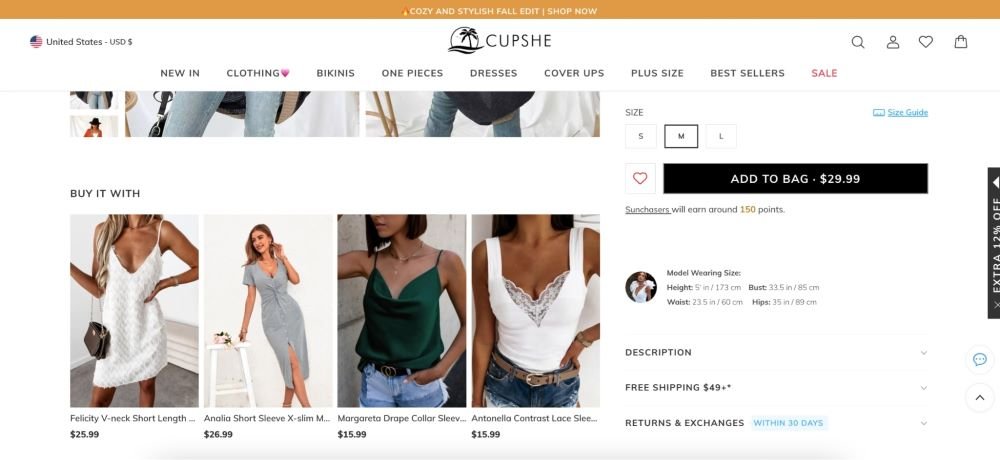Cupshe product page that placed all product details in an accordion