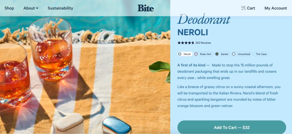 Bite deodorant product page on Shopify describing the benefits with a lot of sensory images