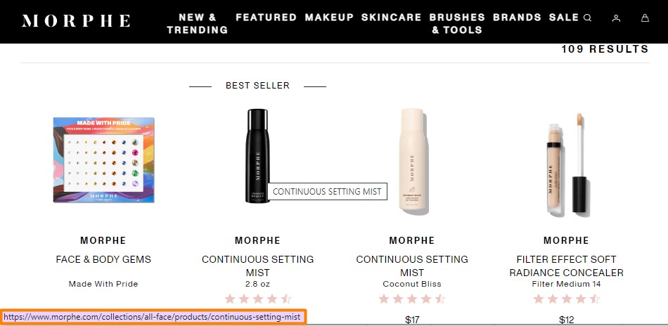 morphe product link from an all face category url structure includes collections name