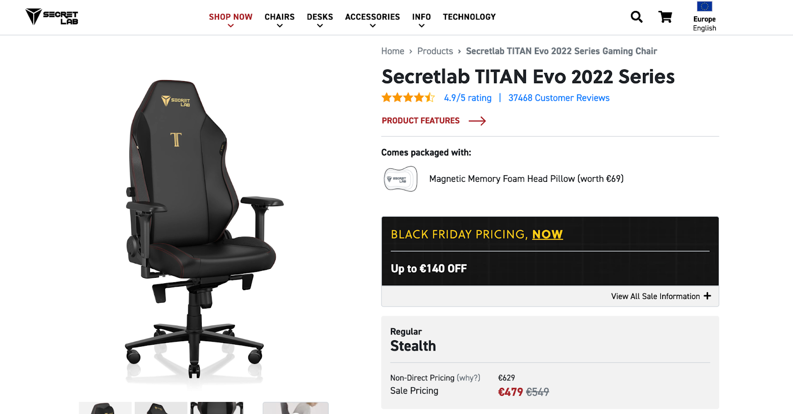 Secret Lab gaming chair product page featuring BFCM widget with discount