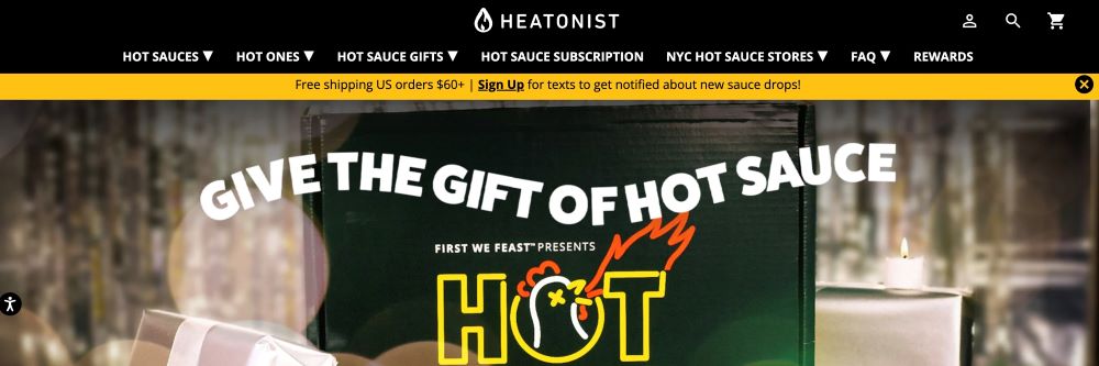 Heatonist home page leaderboard banner offering free shipping for orders over $60