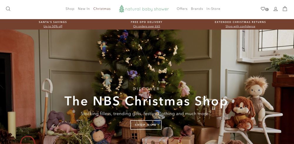 Natural Baby Shower homepage with numerous Christmas deals and Christmas images