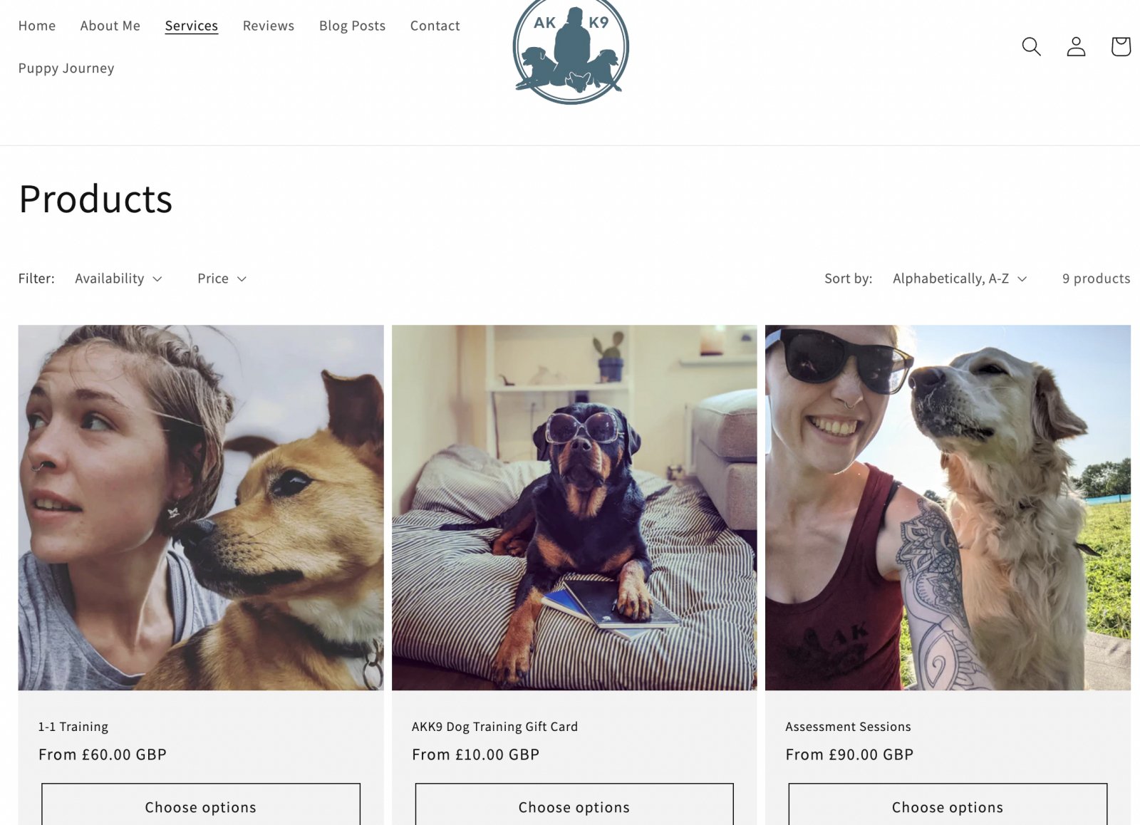 Dog training service listing on a Shopify store