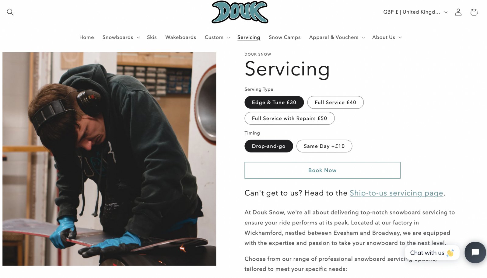 Snowboards maintenance service on a Shopify store