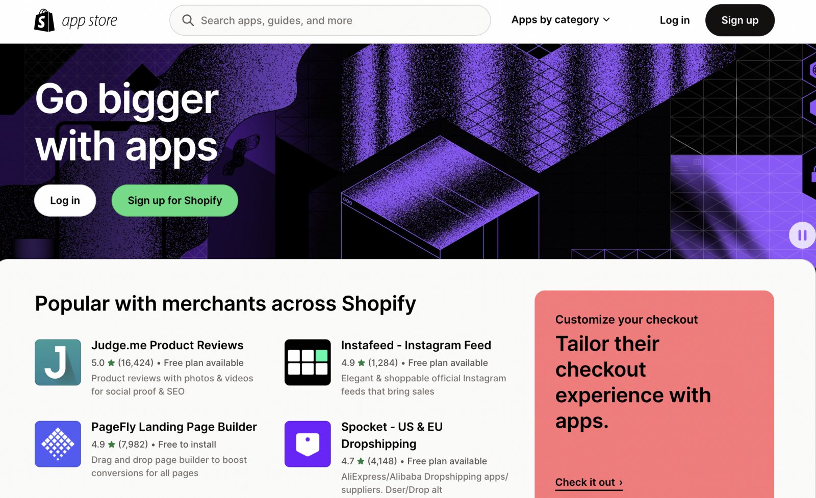 Homepage of the Shopify appstore