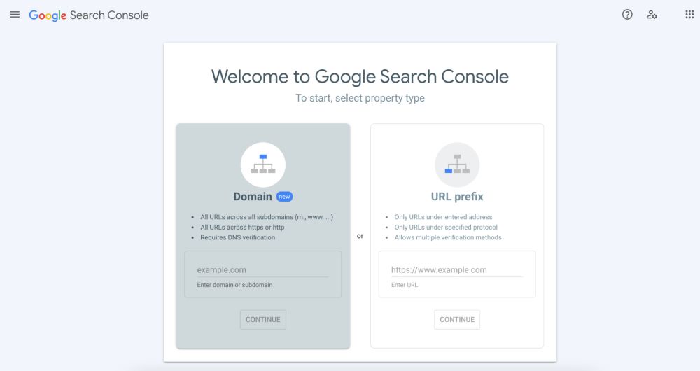 Google Search Console main page where you can choose between Domain and URL prefix verification