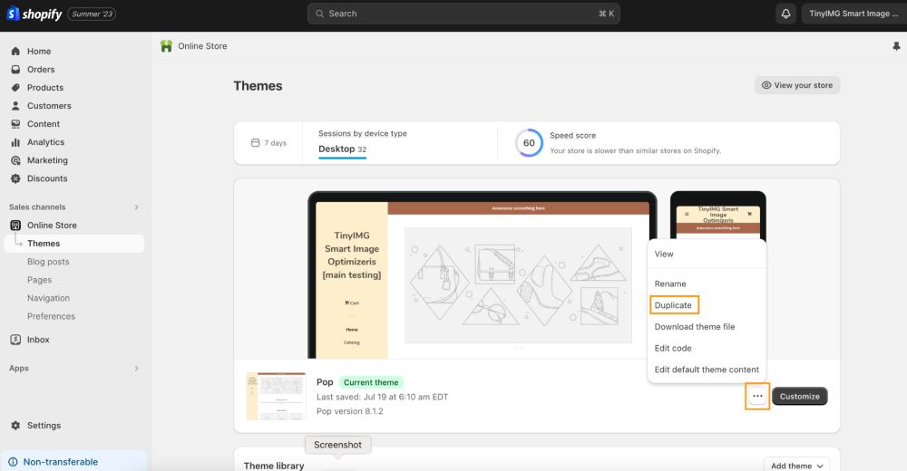 Shopify admin showing how to duplicate Shopify theme