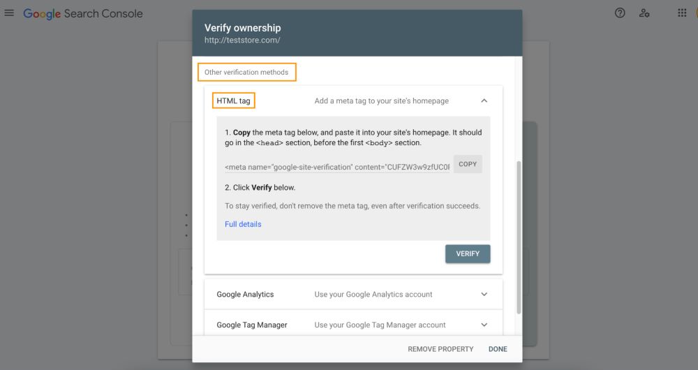 HTML tag Shopify store verification method on GSC