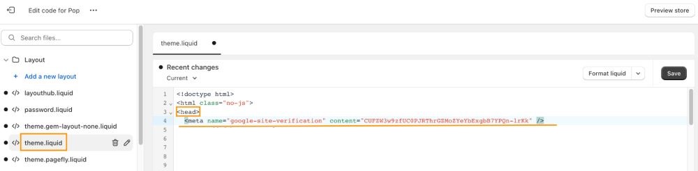 theme.liquid code with GSC tag pasted in