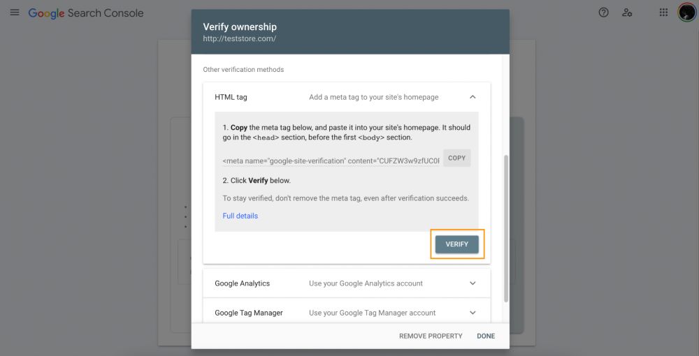 Google Search Console verification button