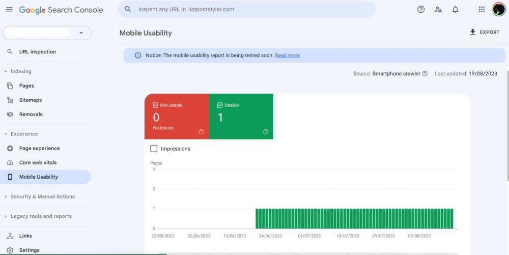 GSC Shopify store mobile usability report