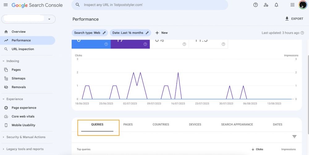 GSC Performance queries page