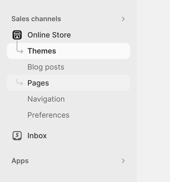 Shopify Admin sidebar menus Online Store options