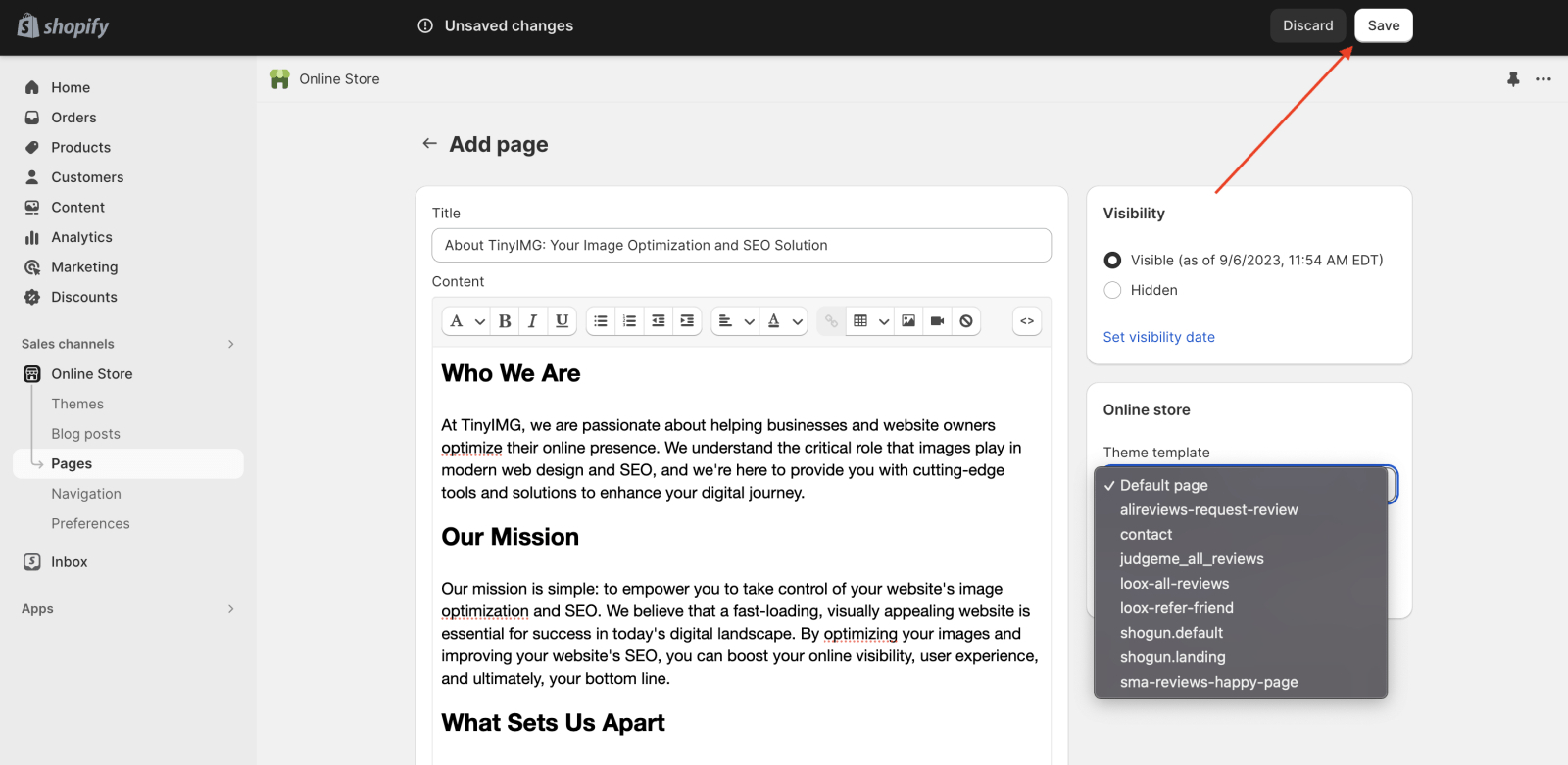 Shopify page editor