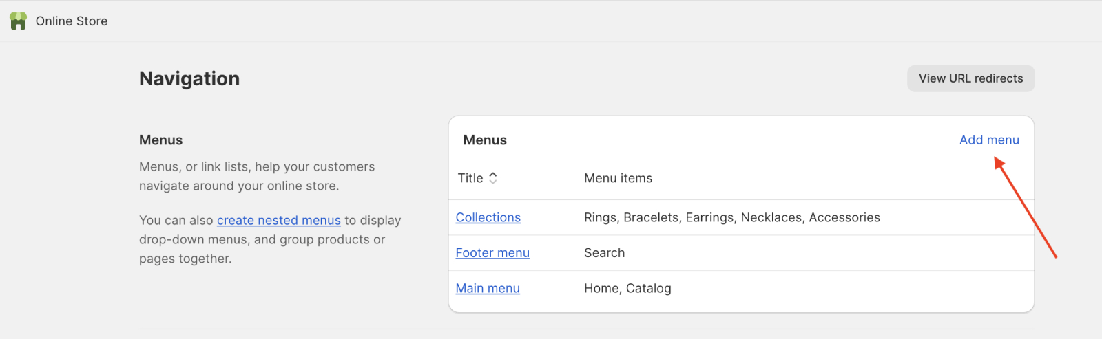 Shopify Admin Navigation section Add menu option