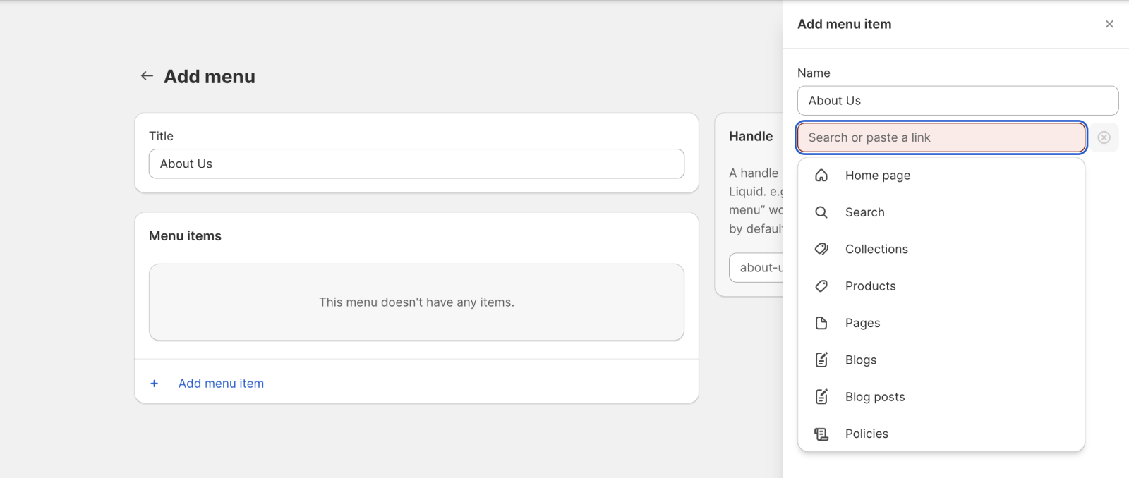 Linking About Us page on Shopify Admin Navigation section